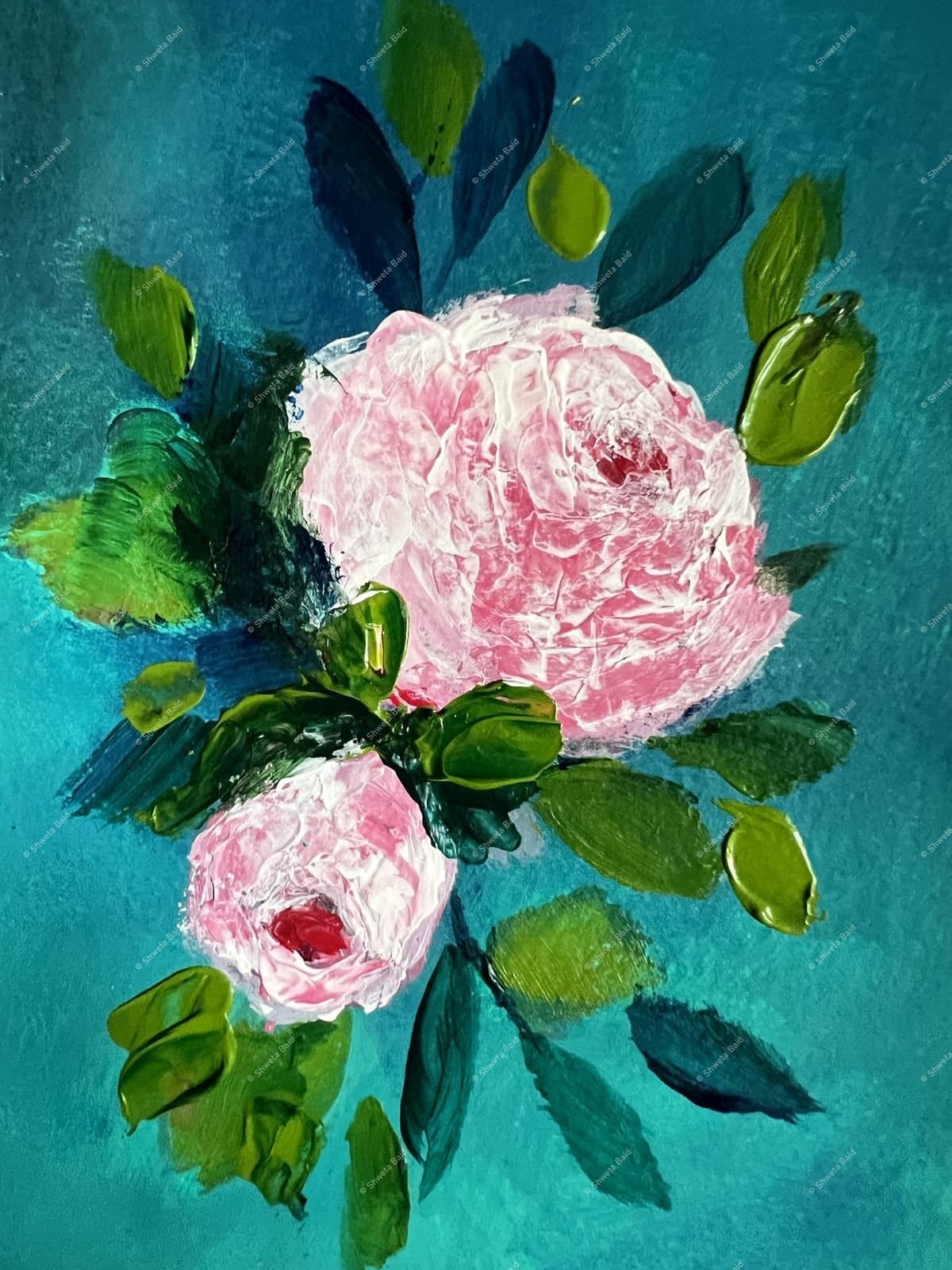 Pink Peonies in Teal