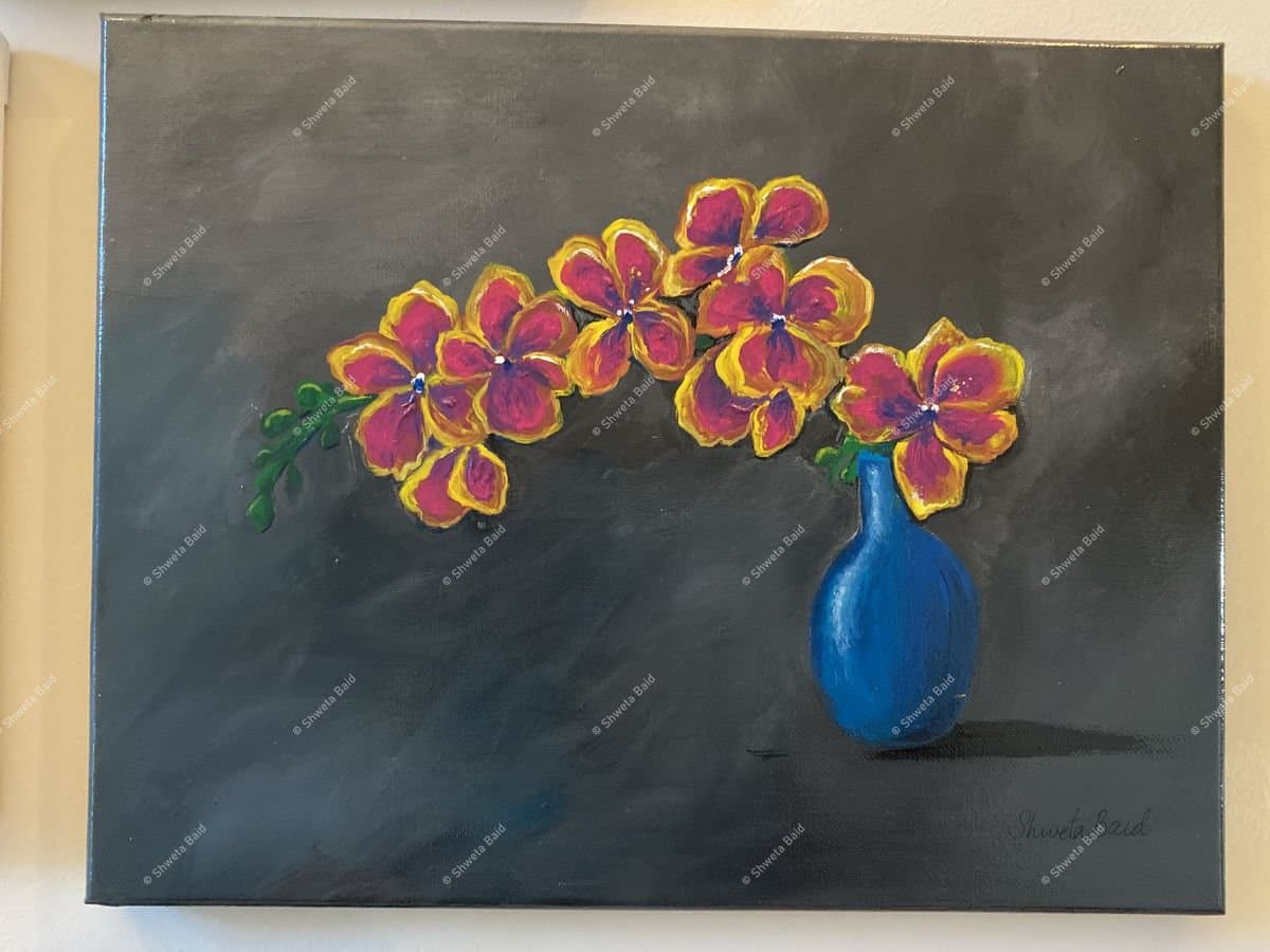 Golden Orchids Blue Vase