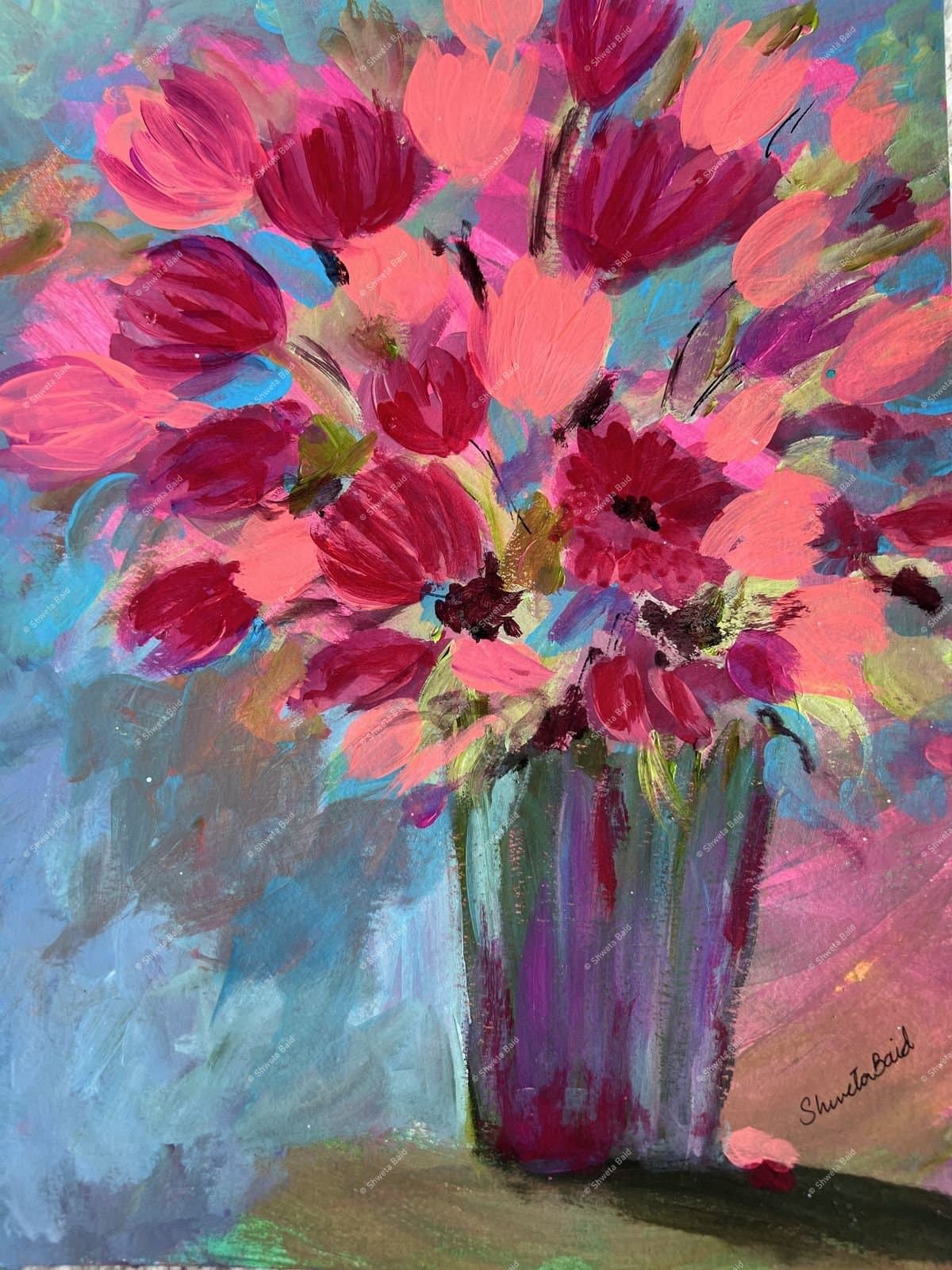 Crimson Blooms in Blue