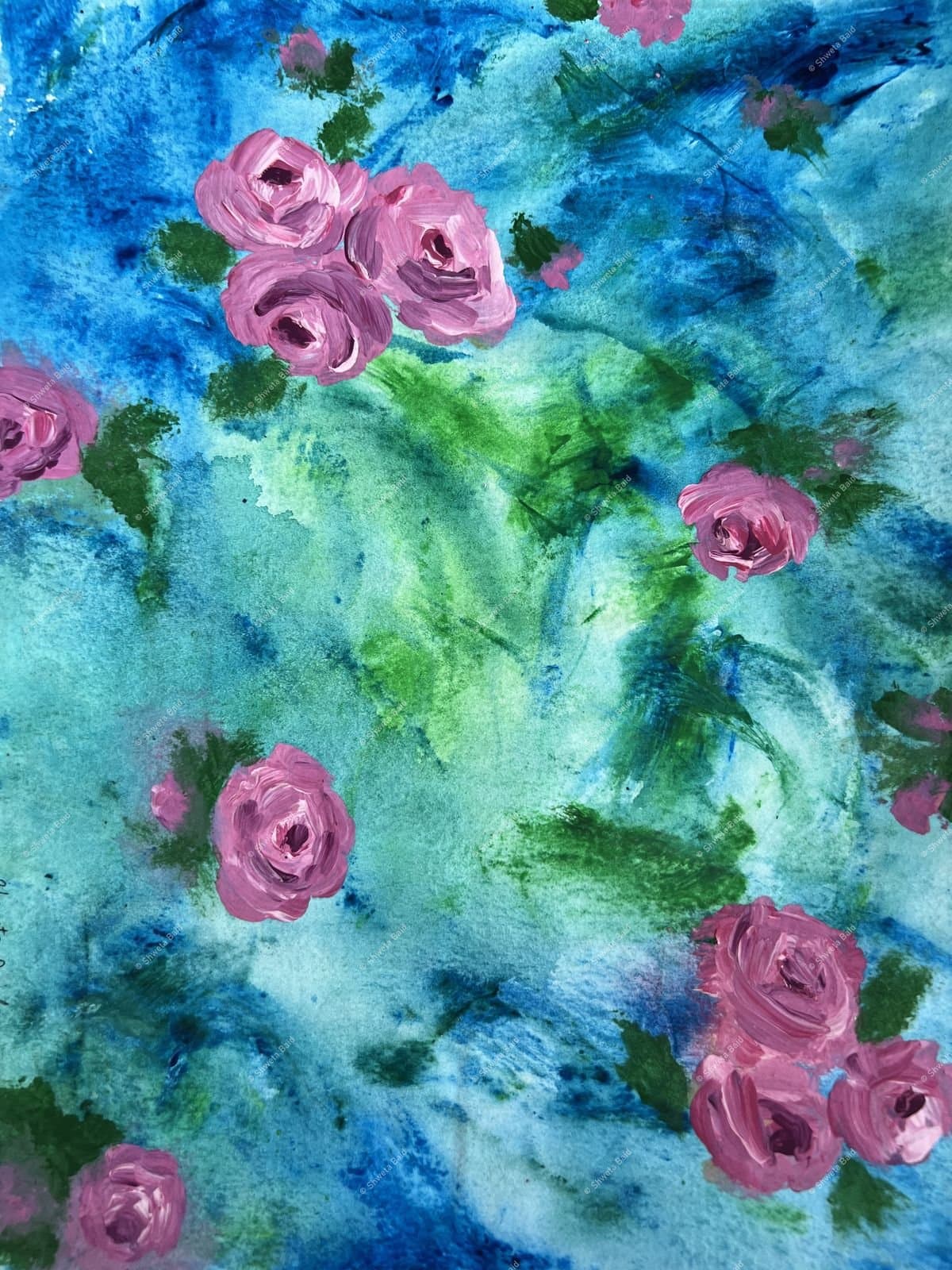 Pink Roses in Blue