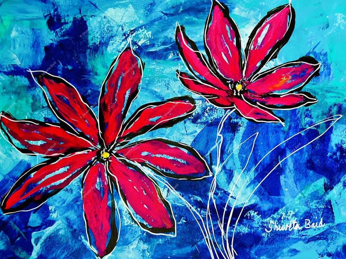 Crimson Blooms on Blue