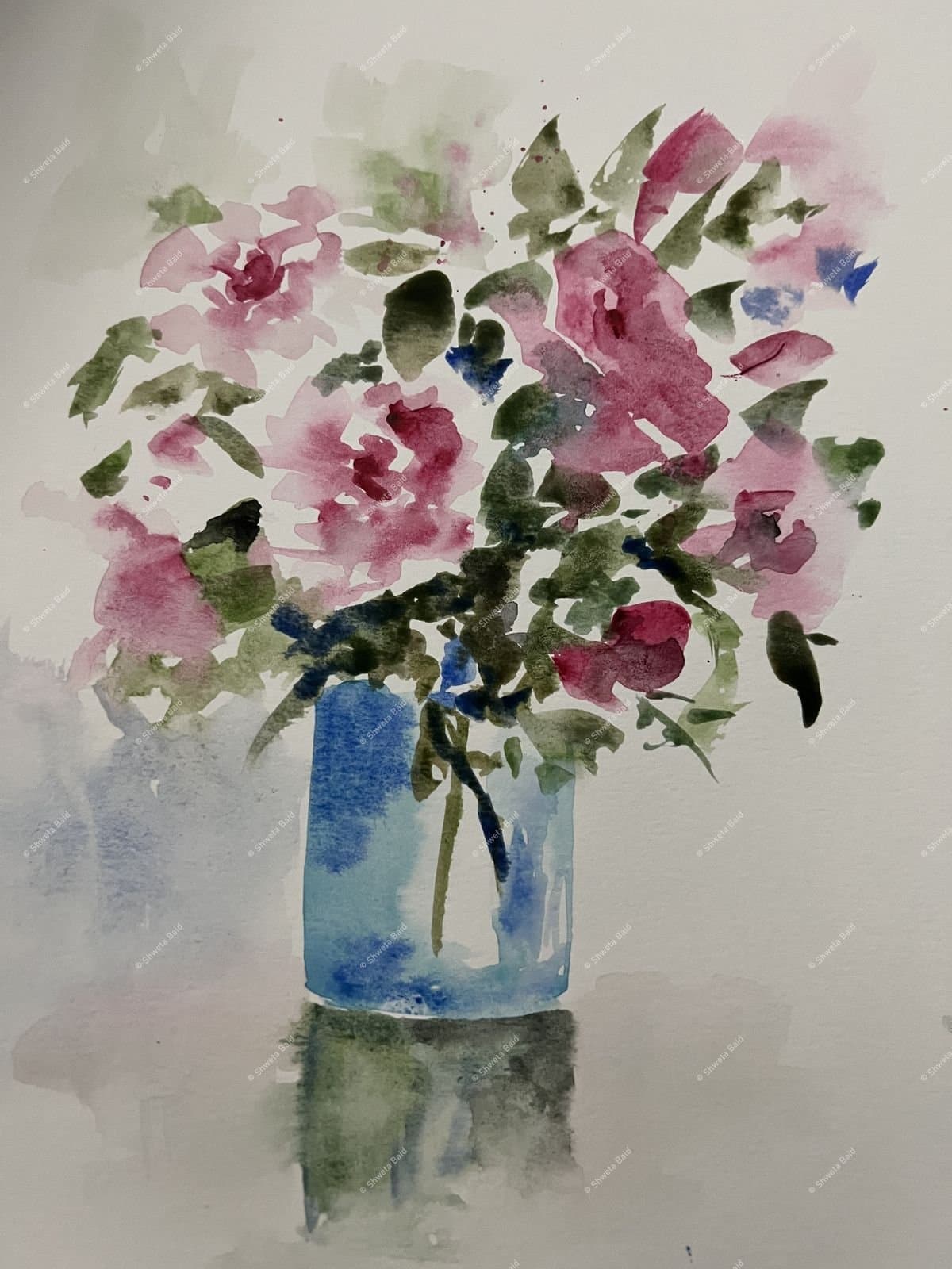 Pink Roses in Blue Vase