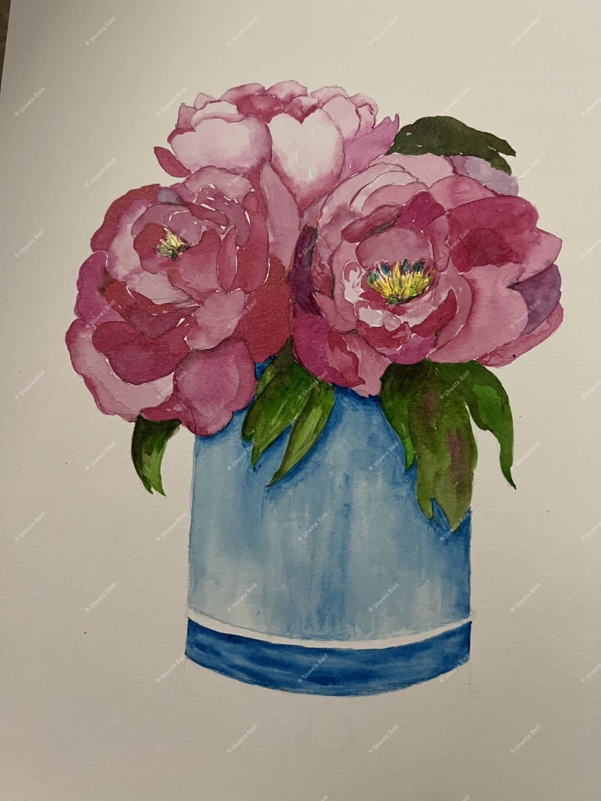 Peonies in Blue Vessel