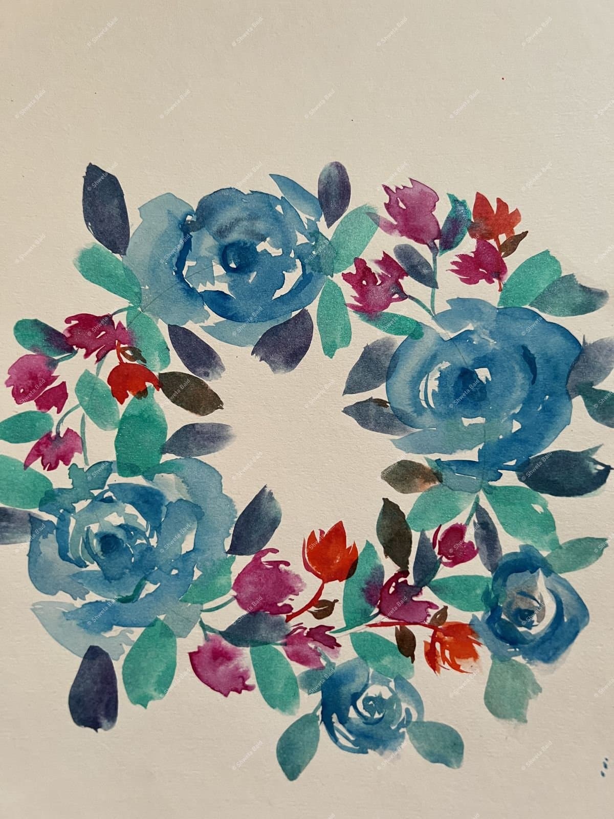 Blue Roses Watercolor Wreath