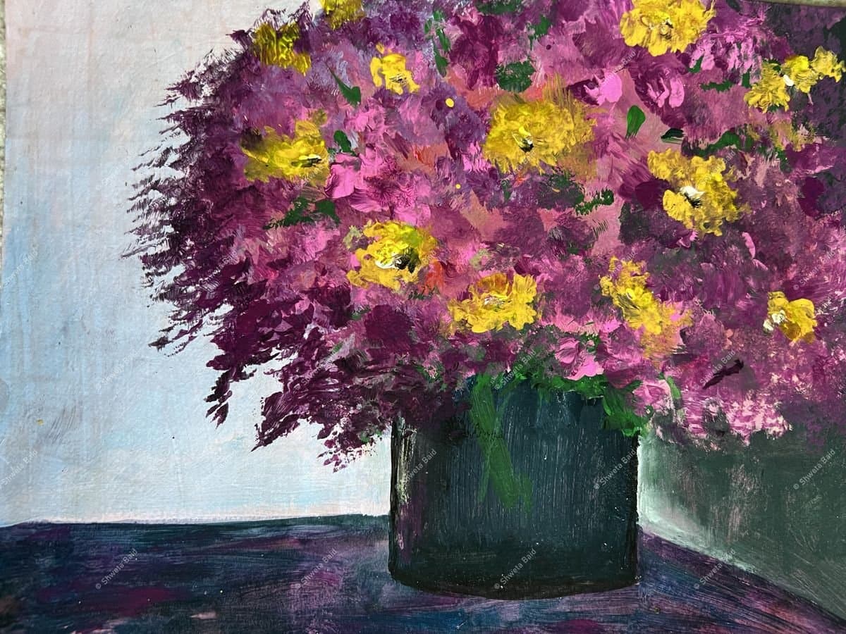 Purple Blooms in Green Vase