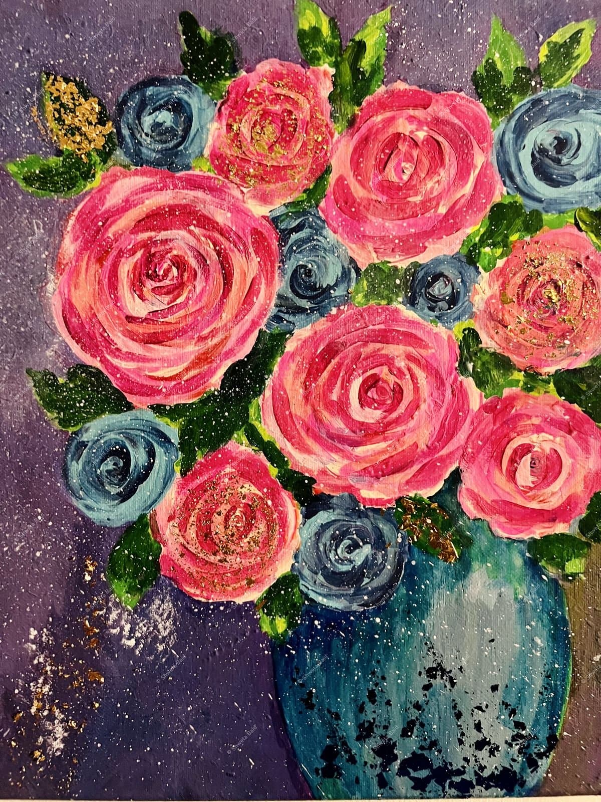 Pink Roses in Blue Vase
