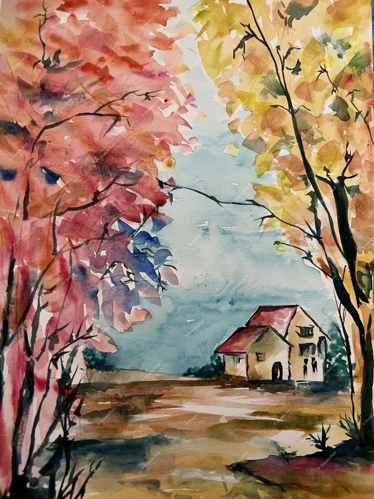 Autumn Cottage Through Trees