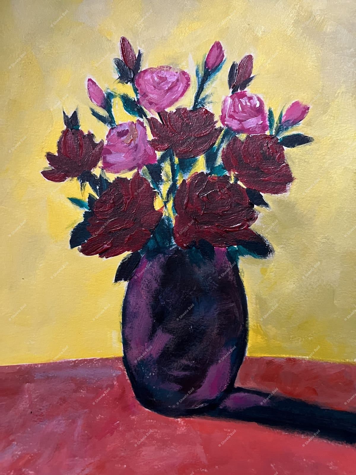 Crimson Roses in Purple Vase