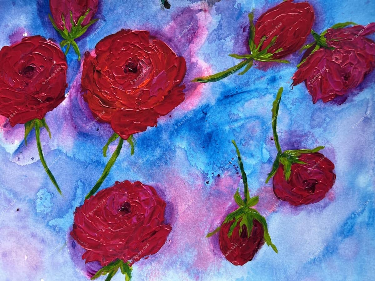 Crimson Roses in Blue