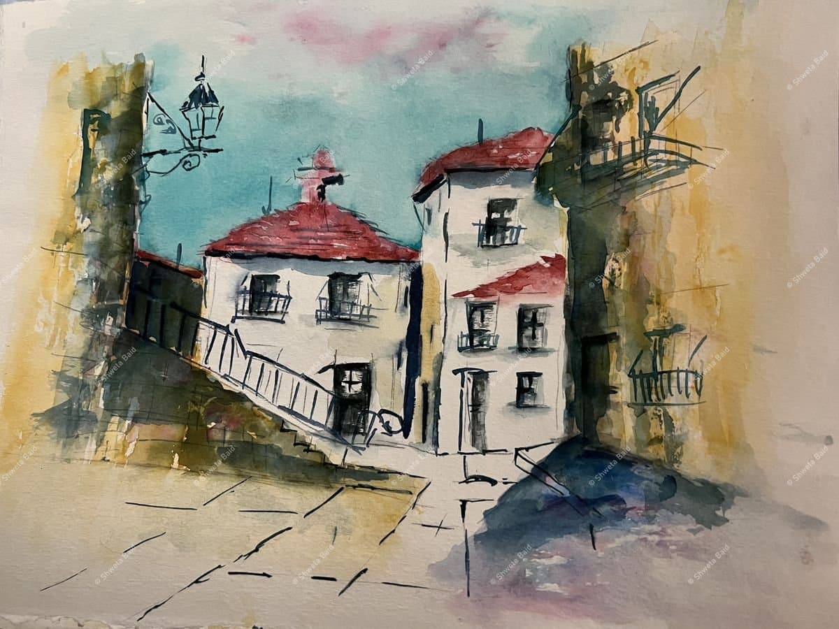 Mediterranean Courtyard at Dusk