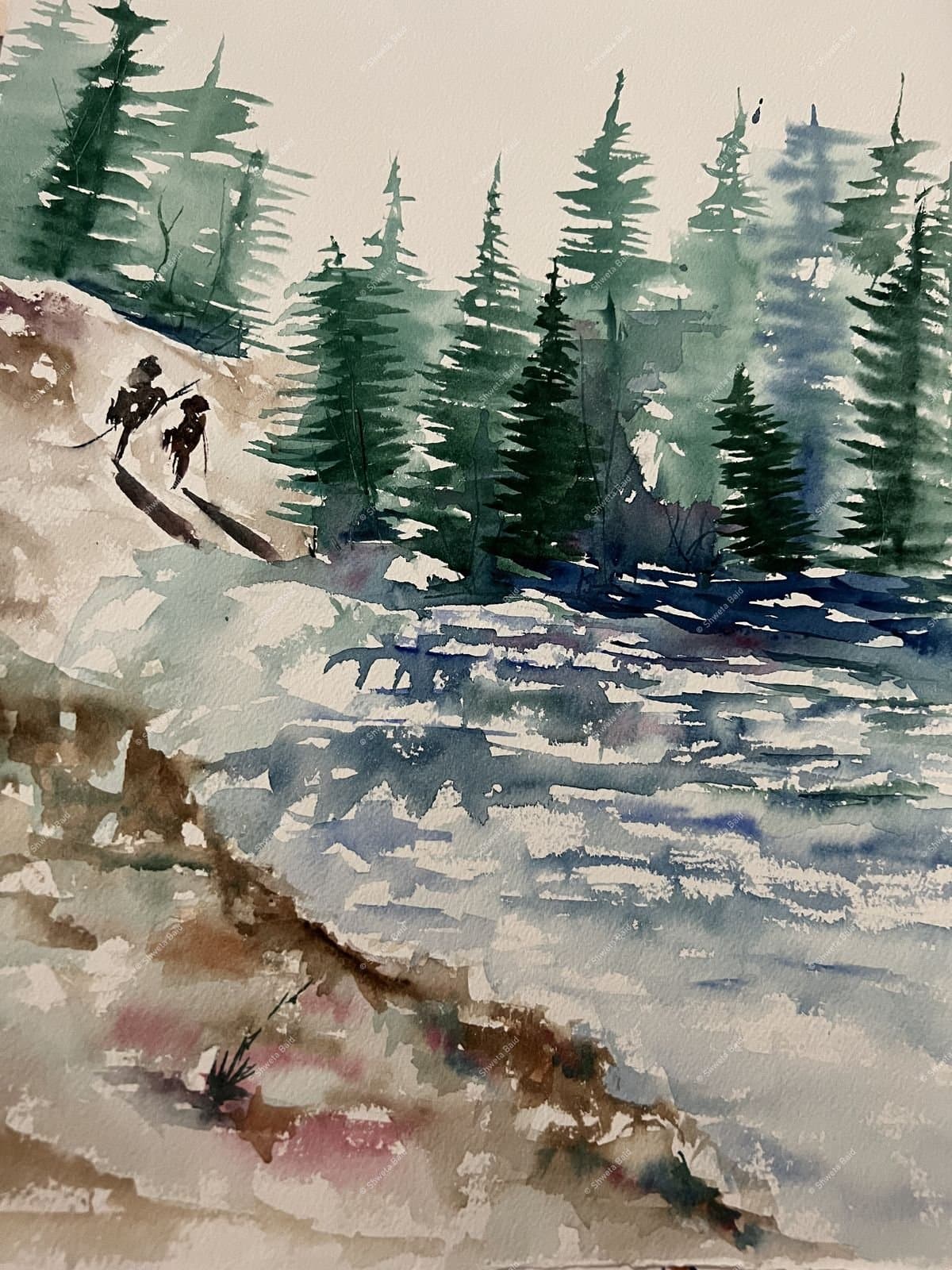 Winter Hikers Through Pines